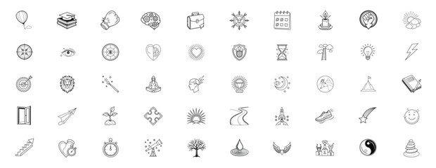 Motivational Line Art Icon Set – 50 Growth, Mindset & Success Icons Bundle
