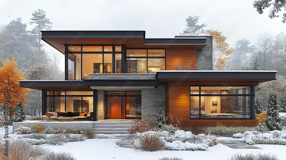 Poster modern house design with large windows surrounded by snow and autumn foliage, creating serene
