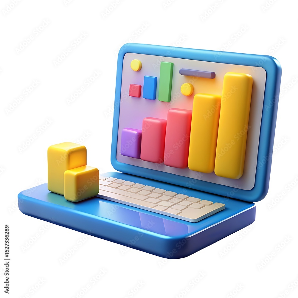 Poster 3d render of a laptop displaying business charts and data analytics information
