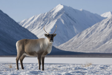 Obraz premium solitary reindeer stands majestically against vast arctic landscape surrounded by endless snow and ice