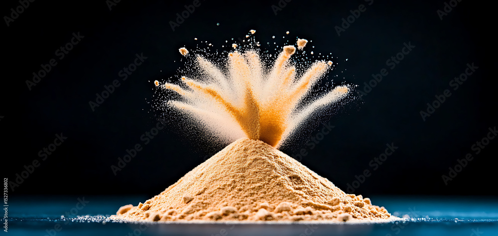 Poster dust particles erupting from a golden powder mountain on a dark background creating an abstract disp