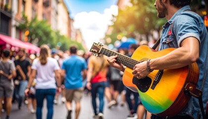 Man Playing Rainbow Acoustic Guitar in a Crowded City Street