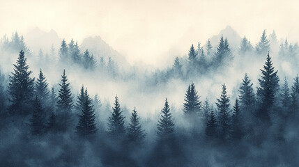 serene watercolor depiction of misty pine forest with mountains in background