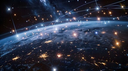 satellite above Earth emitting data beams, representing space tech and global surveillance, ultra-realistic space setting
