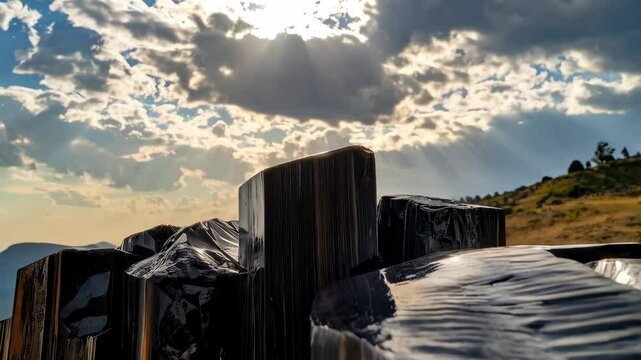 Close up of black columnar basalt rock formations with sky and clouds, sun rays shining through, landscape nature background, natural pattern textured rock details