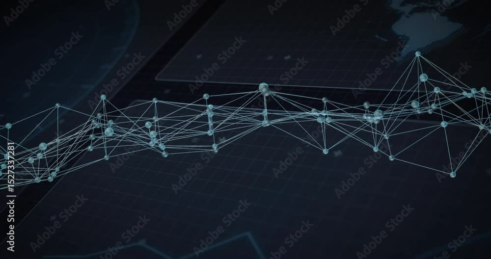 Poster on start digital network graph shifting and undulating sideways to visualize data fluctuations