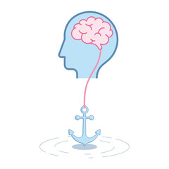 Vector illustration of human head with brain connected to an anchor, symbolizing inner calm, mental control, emotional stability. Conceptual artwork for mindfulness, psychology, and self-discipline.