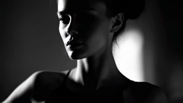 Dramatic black and white portraits capture a young woman with her eyes closed, bathed in soft, diffused light that emphasizes her delicate features and serene expression