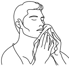 Man gently holding cloth to his face in single line outline vector  