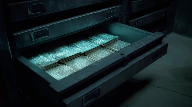 Ancient civilization left these glowing tablets deep inside hidden vault. Symbols of ancient civilization glow under soft blue light. Unknown language shows wisdom of ancient civilization.