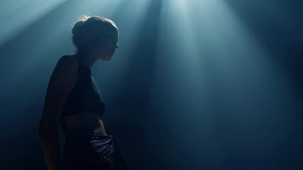 Fashion model poses under blue light beams, creating a dramatic silhouette against a dark background, her body illuminated by the ethereal glow