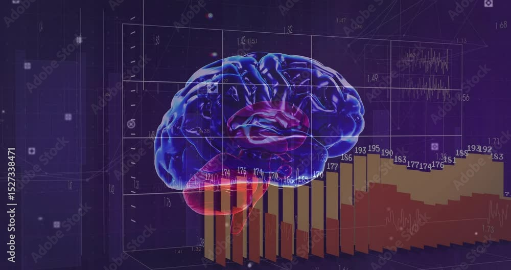Poster drifting network lines initiating 3d brain floating, emerging grid and rising bars visualizing data