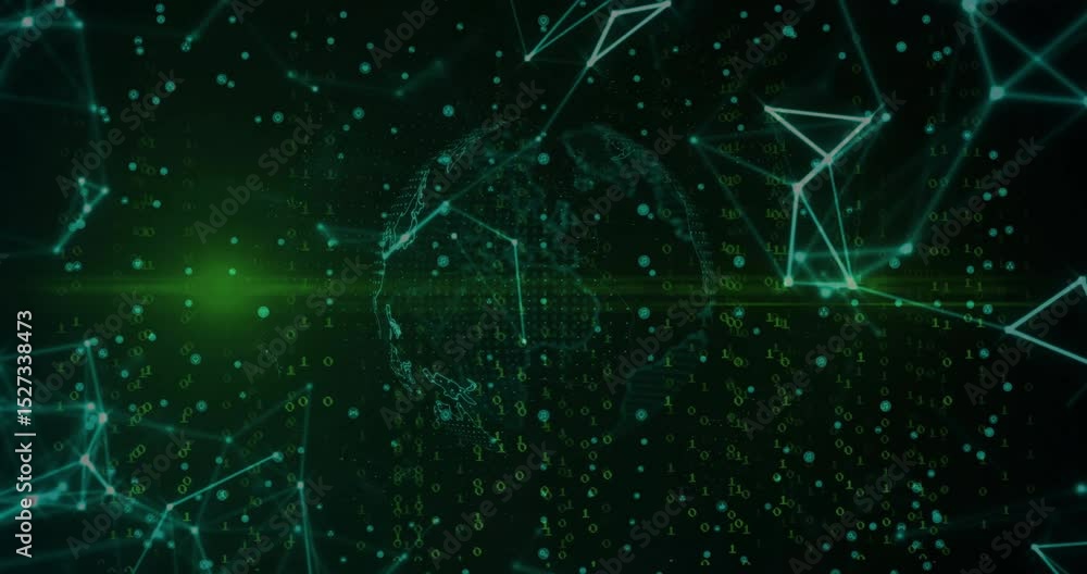 Poster sphere focusing causing code cascading network pulsing, globe rotating, representing connectivity