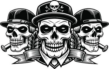 Three Skulls Wearing Hats with a Ribbon Banner in Black and White