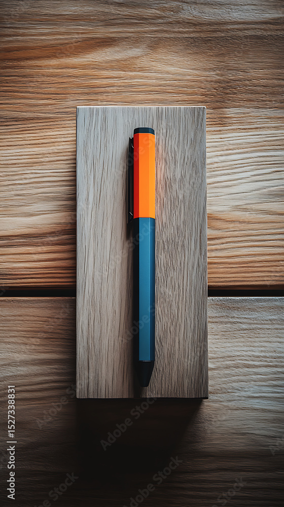 Poster colorful pen resting on a wooden notebook in a minimalist workspace setting