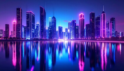 Night City Skyline Reflection in Pink and Blue Neon Lights