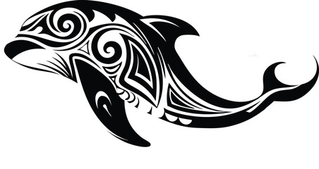 Elegant Dolphin Tattoo Design with Polynesian Tribal Style in Black and White