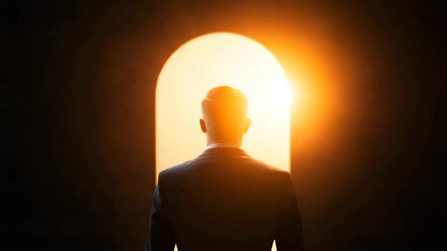 Man in suit back view stands before bright glowing arched doorway with warm light, silhouette symbolizing opportunity, new beginning, and hope in dramatic warm light scene