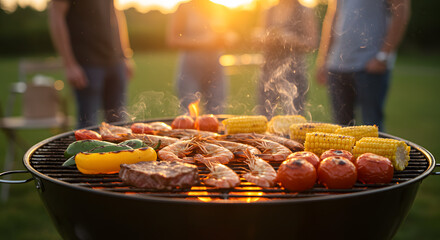 Fototapeta premium Grilling prawns and vegetables at a summer barbecue party at sunset