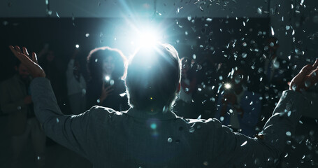 Success, confetti and award with business people at conference for winner, wow and pitch support....