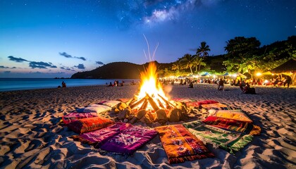 Tropical Beach Bonfire Under a Starry Night Sky