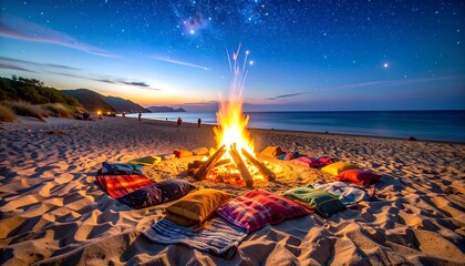 Beach Bonfire Under Starry Night Sky
