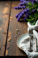 Rustic wood table, lavender sprigs, polished silverware, linen cloth, farmhouse, vintage