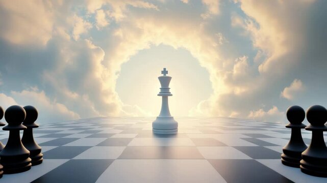 Chess king and pawn on checkered black and white board symbolize leadership and strategy in this intense game under dramatic sky with glowing clouds and sunlight.