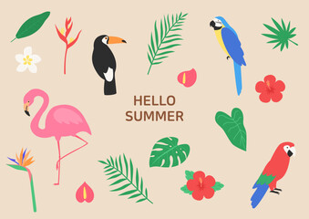 Vector illustration of tropical plants and wild animals.