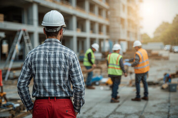 Construction Worker Observing Site with Team in the Background