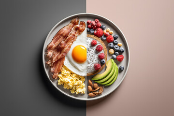 Delicious breakfast plate featuring crispy bacon, sunny side up egg, popcorn, fresh fruits, and nuts, creating vibrant contrast