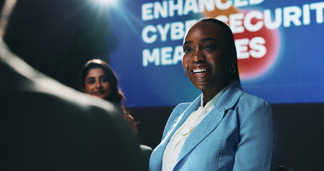 Woman, speaker or presentation for press conference, development seminar or business event....