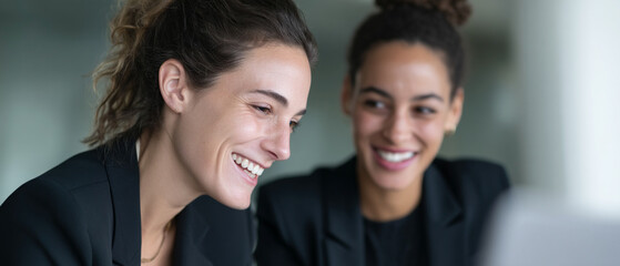 Obraz premium Two businesswomen smiling, working together in modern office, professional teamwork, positive atmosphere