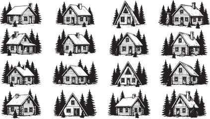 Fototapeta premium A collection of hand-drawn log cabin illustrations, each featuring unique architectural details. These cozy, rustic wooden homes are nestled in winter landscapes, evoking warmth, nostalgia, and wilder