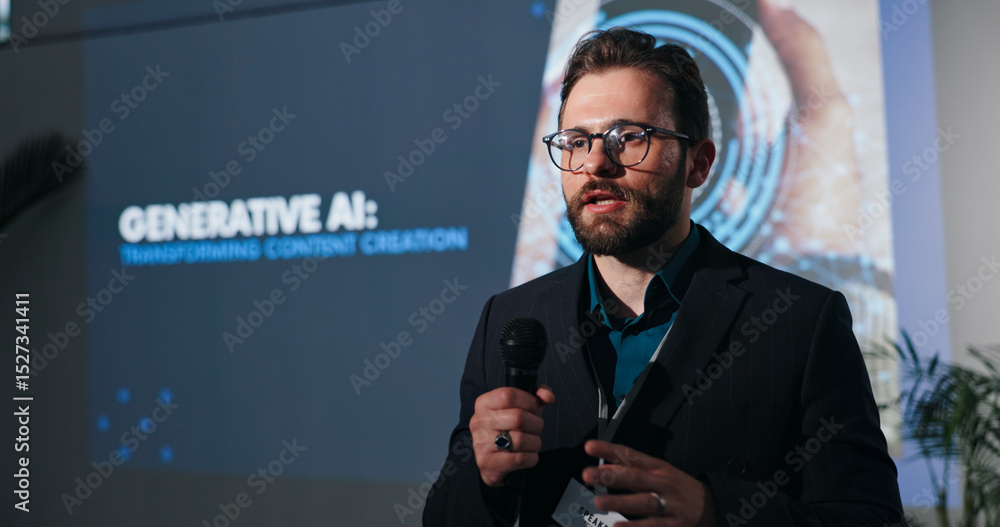 Aufkleber Man, presentation and screen at AI conference, mic or info with transformation for content creation. Person, speaker and talk for ethics, generative LLM and futuristic tech at global convention