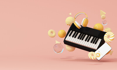 Yellow headphones rest on a floating keyboard with a music player interface and whimsical elements on a pink backdrop, modern and lively 3d rendering.