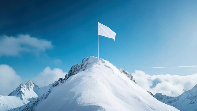 White flag waves atop snow covered mountain peak under clear blue sky with clouds, surrounded by white snowy mountains in serene winter landscape of nature and peaceful atmosphere
