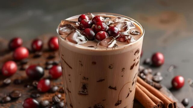 A rich chocolate dessert coffee served in an elegant glass, garnished with berries and cinnamon, perfect for cozy celebrations and gourmet dining experiences.