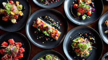 Assorted Food Dishes on Black Plates