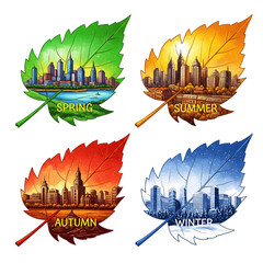 Four Seasons of Cityscapes Illustrated on Vivid Leaves