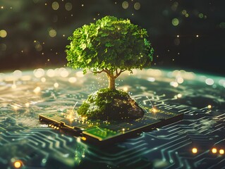 tree growing from a microchip on Earth's surface, green technology and ecological innovation theme, clean and symbolic
