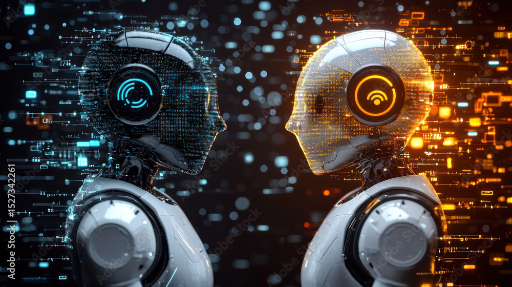 Aufkleber Two futuristic robots face each other, symbolizing advanced AI technology and digital communication. scene is illuminated with blue and orange lights, highlighting intricate circuitry and design