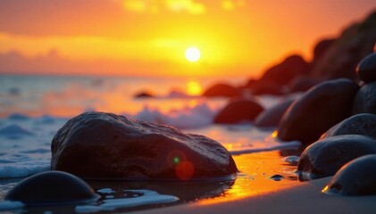 Sun-drenched orange stones glow warmly at sunset , vibrant, detail, evening