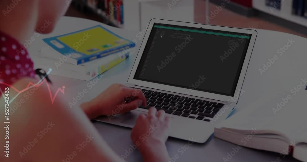 Poster teenage student opening laptop typing code in ide for learning as neon waveform syncing with typing