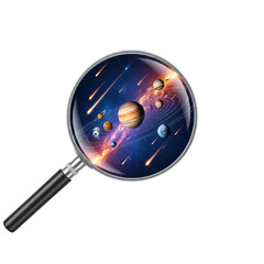Magnifying Glass Revealing a Vibrant Solar System with Planets and Asteroids