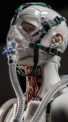 A mannequin head with a clear mask and tubes showing the neck and internal structure of the body