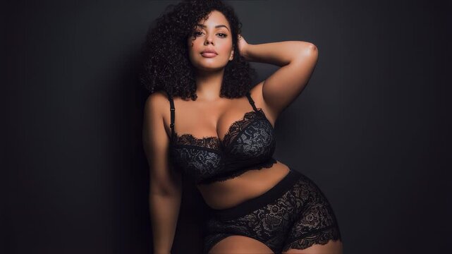 Beautiful, confident plus size model poses in black lingerie against a dark background, her hand gently resting on her hair, exuding sensuality and body positivity