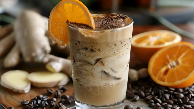 Capture a vibrant orange espresso drink garnished with a zesty slice, set on a wooden table, showcasing fresh ingredients and refreshing summer vibes.