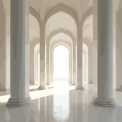 Bright White Minimalist 3D Render of a Grand Hall with Columns and Arches

