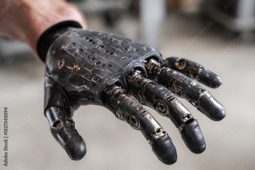 Aufkleber close up of a robotic hand showing intricate mechanical details and advanced engineering design conc